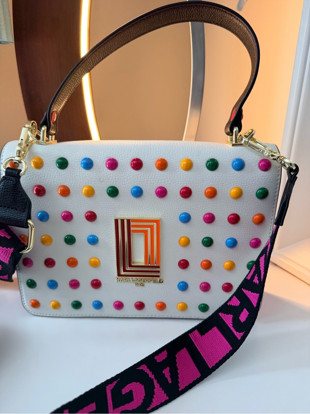 Karl Lagerfeld White Multicolor Studded Shoulder Bag with Pink Logo Strap